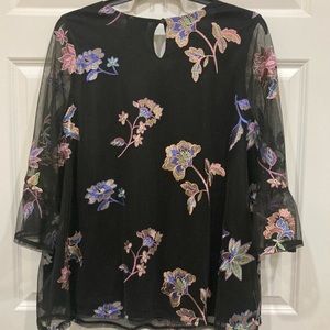 Catherine’s 1X black with sheer top layer multi color flower embroidery dressy